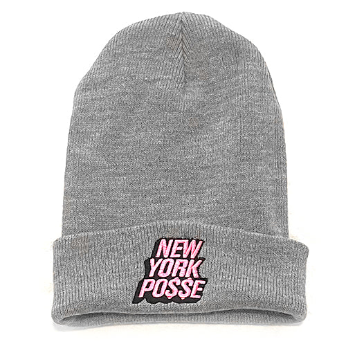 New York Posse Heather Grey Black and Pink Beanie